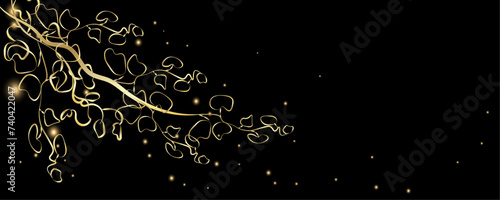 Golden Line art botany banner. Japanese style Hand drawn vector. Line art style design. Concept traditional Asian Card with space for text wedding, invitation, template card Golden frames.