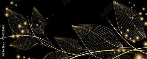 Golden Line art botany banner. Japanese style Hand drawn vector. Line art style design. Concept traditional Asian Card with space for text wedding, invitation, template card Golden frames.