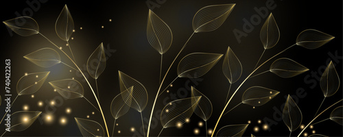 Golden Line art botany banner. Japanese style Hand drawn vector. Line art style design. Concept traditional Asian Card with space for text wedding, invitation, template card Golden frames.