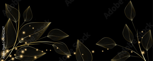 Golden Line art botany banner. Japanese style Hand drawn vector. Line art style design. Concept traditional Asian Card with space for text wedding, invitation, template card Golden frames.