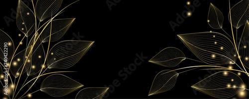 Golden Line art botany banner. Japanese style Hand drawn vector. Line art style design. Concept traditional Asian Card with space for text wedding, invitation, template card Golden frames.