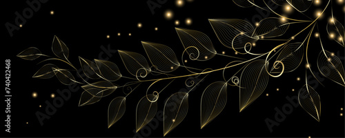 Golden Line art botany banner. Japanese style Hand drawn vector. Line art style design. Concept traditional Asian Card with space for text wedding, invitation, template card Golden frames.