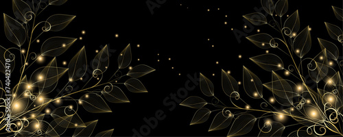 Golden Line art botany banner. Japanese style Hand drawn vector. Line art style design. Concept traditional Asian Card with space for text wedding, invitation, template card Golden frames.