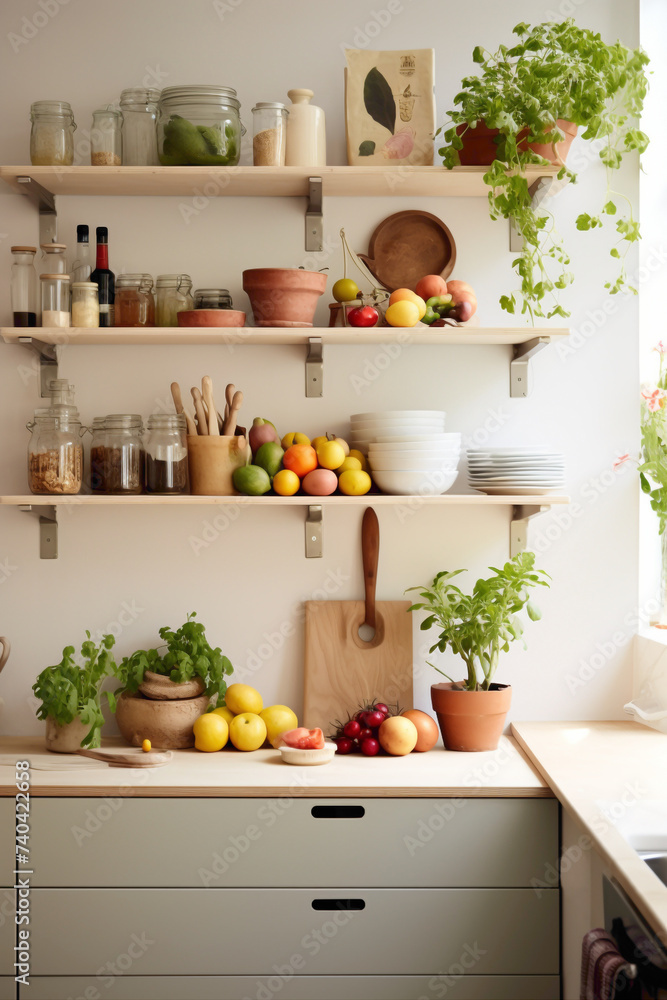 A Scandinavian-inspired kitchen with subtle, muted tones enlivened by a burst of color from fresh produce on display. A Scandinavian-inspired kitchen with subtle, muted tones enlivened by a burst of color from fresh produce on display.