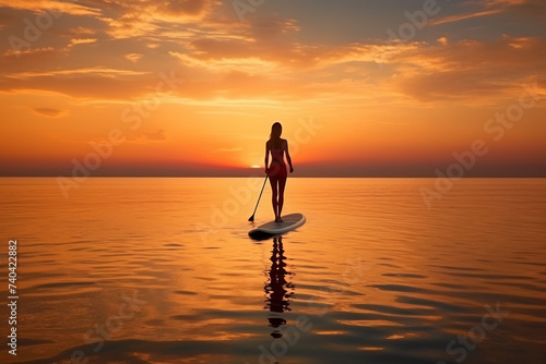 Silhouette of a Woman Paddleboarding at Sunset. Serene Water Sports and Nature Connection © AspctStyle
