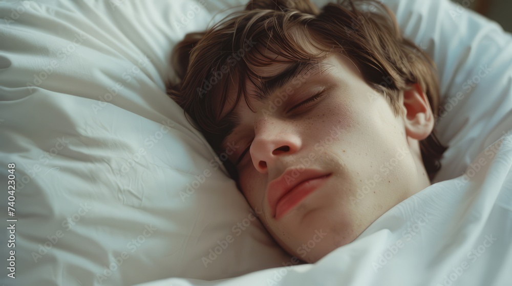 Serene young man captured in a peaceful close-up while sleeping in bed Serene young man captured in a peaceful close-up while sleeping in bed
