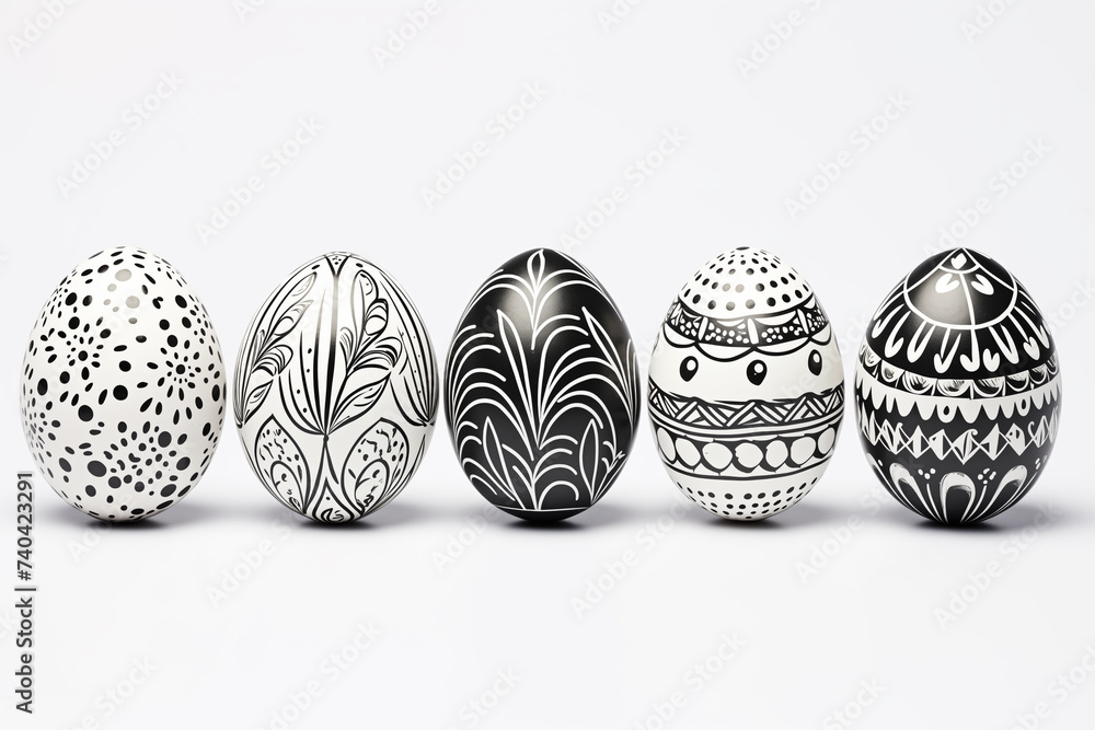 Fototapeta premium Set of black and white easter eggs with decorative floral patterns on white