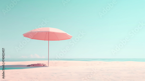 a pink beach umbrella is sitting on the beach