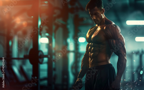 bodybuilder man on blured gym background. gym or health concept. Space for text