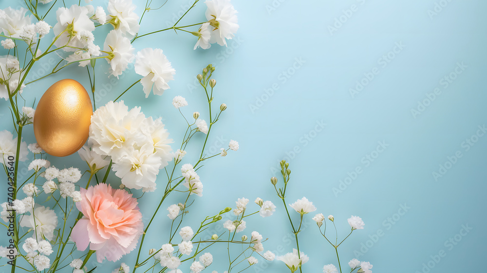 background of flowers and golden eggs on a bright blue background with copy space background of flowers and golden eggs on a bright blue background with copy space