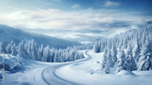 Aerial view of a winter snowcovered road with Serpentine Switchbacks in a forest ai generative