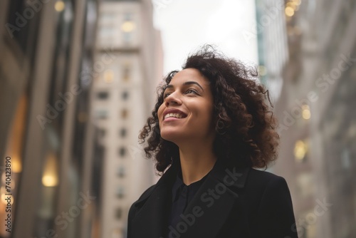 Happy wealthy rich successful hispanic businesswoman standing in big city modern skyscrapers street on sunset thinking of successful vision, dreaming of new investment opportunities
