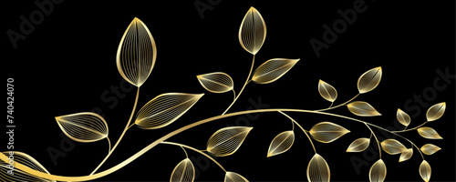 Golden Line art botany banner. Japanese style Hand drawn vector. Line art style design. Concept traditional Asian Card with space for text wedding, invitation, template card Golden frames.