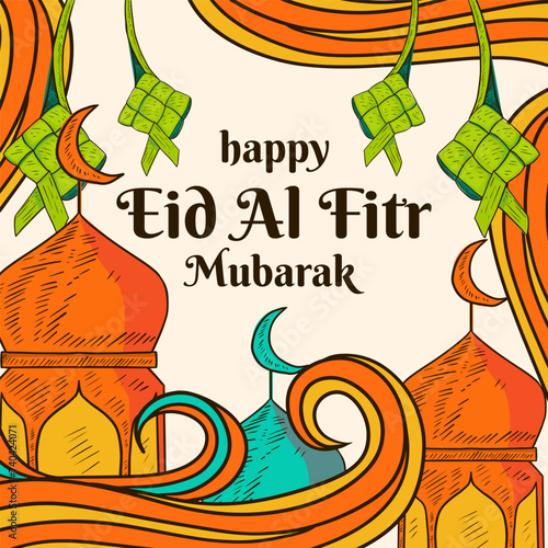 hand drawn happy eid al fitr mubarak illustration greeting cards