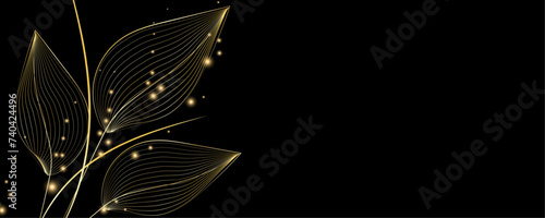 Golden Line art botany banner. Japanese style Hand drawn vector. Line art style design. Concept traditional Asian Card with space for text wedding, invitation, template card Golden frames.