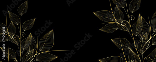 Golden Line art botany banner. Japanese style Hand drawn vector. Line art style design. Concept traditional Asian Card with space for text wedding, invitation, template card Golden frames.