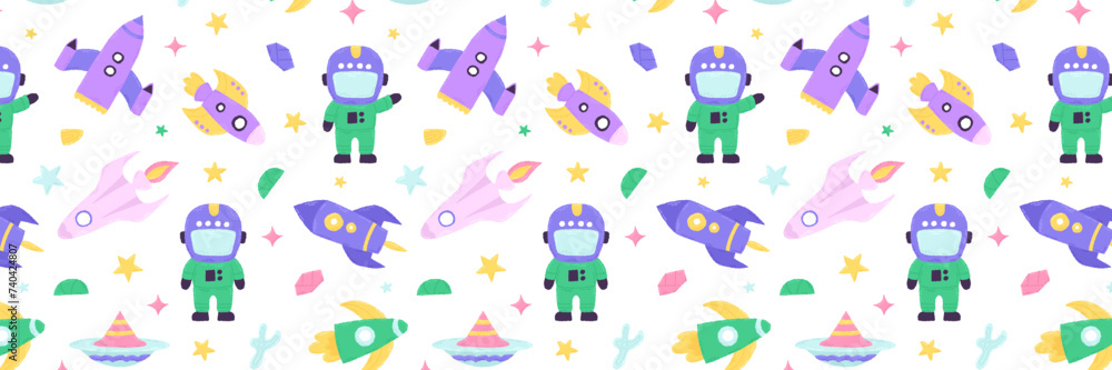 Obraz premium Baby cute seamless pattern with space elements on white background. Hand drawn flat cartoon style. Vector illustration