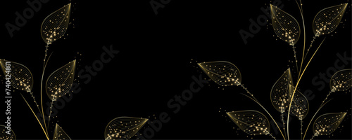 Golden Line art botany banner. Japanese style Hand drawn vector. Line art style design. Concept traditional Asian Card with space for text wedding, invitation, template card Golden frames.