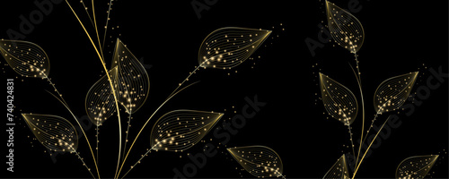 Golden Line art botany banner. Japanese style Hand drawn vector. Line art style design. Concept traditional Asian Card with space for text wedding, invitation, template card Golden frames.