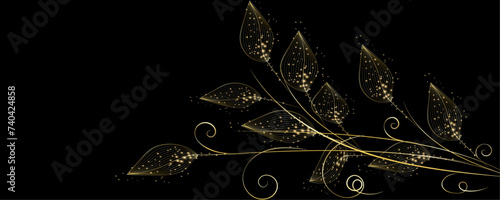 Golden Line art botany banner. Japanese style Hand drawn vector. Line art style design. Concept traditional Asian Card with space for text wedding, invitation, template card Golden frames.