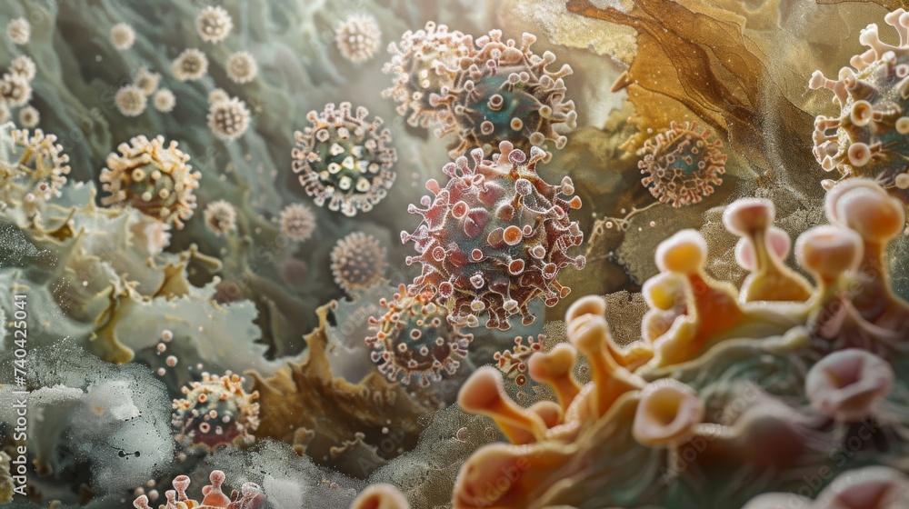 Microscopic view of virus attacking human cells, high detail, educational Microscopic view of virus attacking human cells, high detail, educational