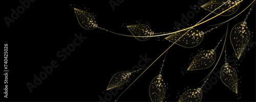 Golden Line art botany banner. Japanese style Hand drawn vector. Line art style design. Concept traditional Asian Card with space for text wedding, invitation, template card Golden frames.