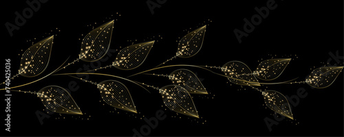 Golden Line art botany banner. Japanese style Hand drawn vector. Line art style design. Concept traditional Asian Card with space for text wedding, invitation, template card Golden frames.