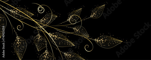 Golden Line art botany banner. Japanese style Hand drawn vector. Line art style design. Concept traditional Asian Card with space for text wedding, invitation, template card Golden frames.