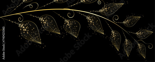 Golden Line art botany banner. Japanese style Hand drawn vector. Line art style design. Concept traditional Asian Card with space for text wedding, invitation, template card Golden frames.