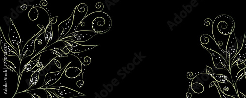 Golden Line art botany banner. Japanese style Hand drawn vector. Line art style design. Concept traditional Asian Card with space for text wedding, invitation, template card Golden frames.