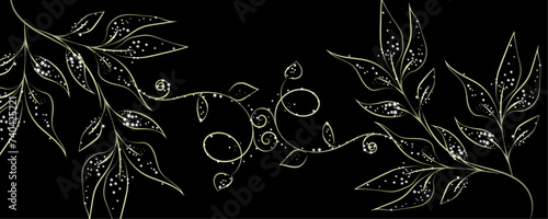 Golden Line art botany banner. Japanese style Hand drawn vector. Line art style design. Concept traditional Asian Card with space for text wedding, invitation, template card Golden frames.