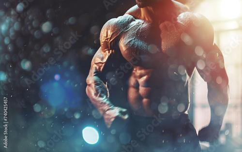 bodybuilder man on blured gym background. gym or health concept photo