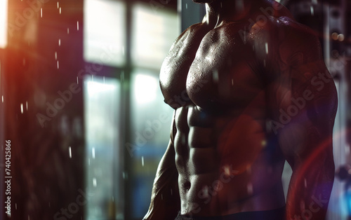 bodybuilder man on blured gym background. gym or health concept. Space for text © Syed Qaseem Raza