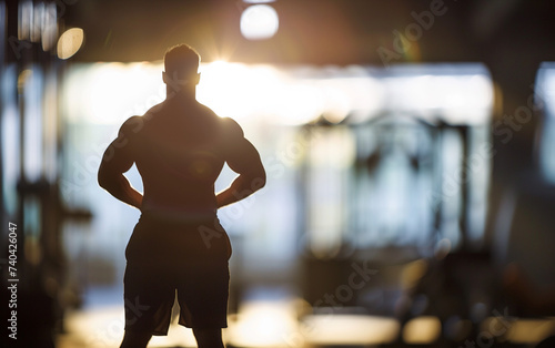 bodybuilder man on blured gym background. gym or health concept. Space for text