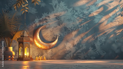 Islamic decoration background with lantern and crescent moon luxury style, ramadan kareem, mawlid, iftar, isra miraj, eid al fitr adha, muharram, copy space text area - Eid Ul Fitr - generative ai