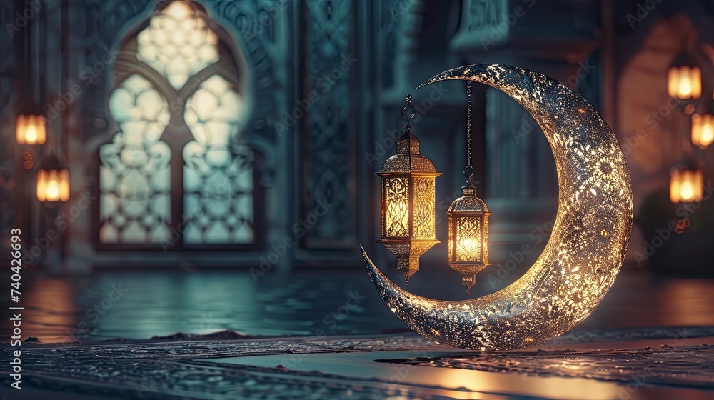 Islamic decoration background with lantern and crescent moon luxury style, ramadan kareem, mawlid, iftar, isra miraj, eid al fitr adha, muharram, copy space text area - Eid Ul Fitr - generative ai - obrazy, fototapety, plakaty 