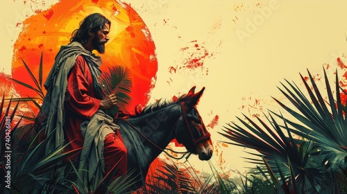 Wallpaper Mural Symbolic and minimalist Palm Sunday featuring a stylized palm branch and a simple representation of Jesus on a donkey. Torontodigital.ca