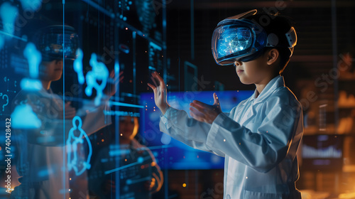 The side view of a junior scientist wearing a VR headset, a white coat and a science goggle is learning a hologram graphic of futuristic elements in a science laboratory.