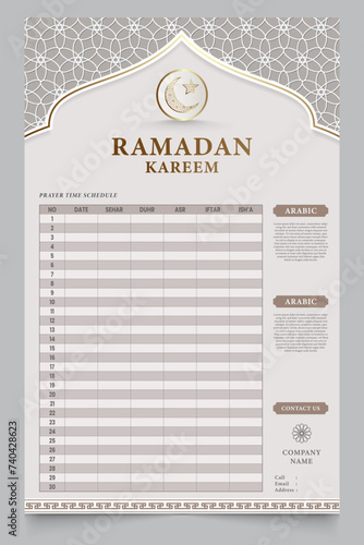 Ramadan holy month calendar schedule. Posters or banners for prayer, fasting and breaking the fast.