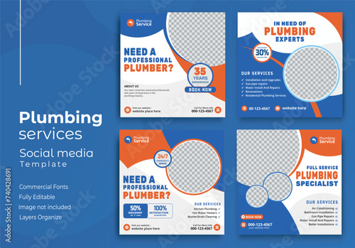 Plumbing service social media post template, Web banner template