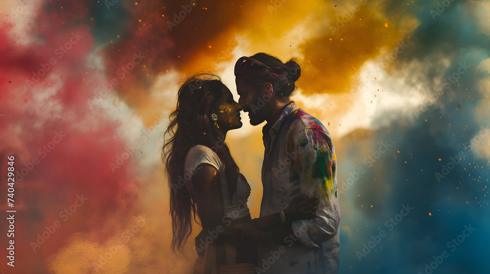 Naklejka premium Urban fashion photography of an Indian couple, holi celebration