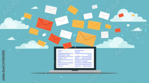 An illustration of a laptop receiving multiple emails shows flying envelopes against a cloud background, representing the concepts of newsletters, online messaging, and social media.