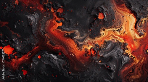 Lava texture background. Hot glowing lava closeup background, black orange heat design, top view. Abstract background of extinct lava with red gaps.