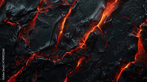 Lava texture background. Hot glowing lava closeup background, black orange heat design, top view. Abstract background of extinct lava with red gaps. photo
