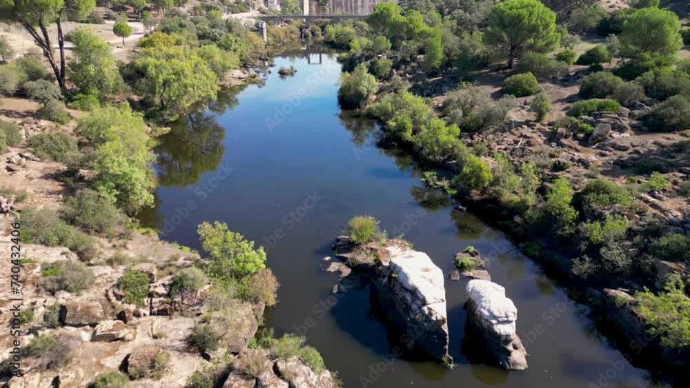 River Jandula below Encinarejo dam Sierra de Andujar nature reserve AERIAL River Jandula below Encinarejo dam Sierra de Andujar nature reserve AERIAL