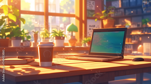 Wallpaper Mural 窓際のテーブルに置いてあるノートパソコンとコップ　フリーランス　副業 Torontodigital.ca