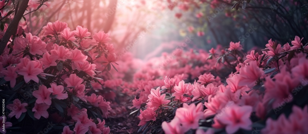 A vibrant landscape filled with pink flowers, their petals creating a magenta reef beneath the trees. The sun shines through the branches, casting a beautiful art on the grass below - obrazy, fototapety, plakaty 