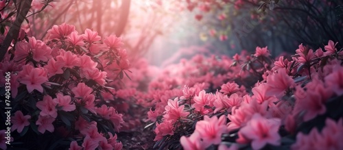 A vibrant landscape filled with pink flowers, their petals creating a magenta reef beneath the trees. The sun shines through the branches, casting a beautiful art on the grass below photo
