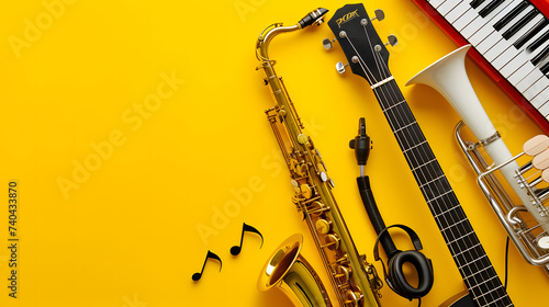 a collection of musical instruments such as guitar, piano, trumpet on a yellow background with copy space
