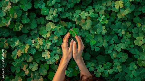 a field of three leaves clovers as seen from above where the arms of a young Caucasian woman reach out and hold a single three leaved clover in her hands, where the arms can be seen up to their elbow. photo